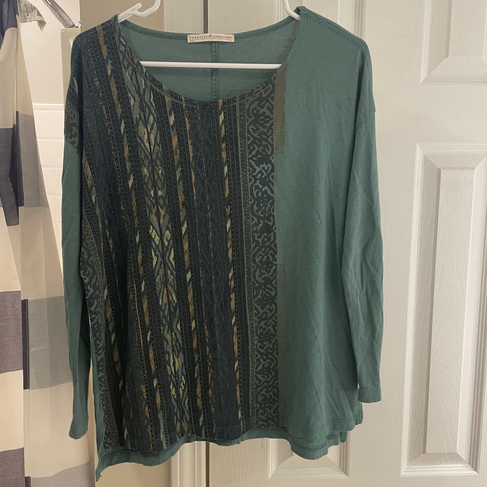 Peruvian Connection Green Graphic Long Sleeve Shirt Pima Cotton Modal Medium